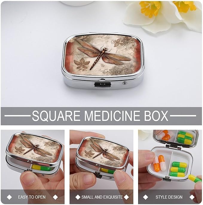 Dragonfly Bee Pill Box 2 Compartment Square Pill Case with Mirror Metal Pill Organizer Travel Pillbox Mini Medicine Storage Box for Pocket Purse