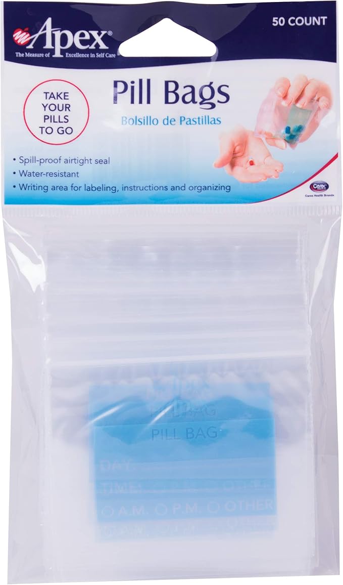 Apex Pill Bags Disposable Pill, Vitamin, and Medicine Organizer Pouches, Zippered Seal Bags with Spill-Proof Airtight Seal, Pocket Sized and Travel Friendly, Easy to Use, 50 Count, BPA Free