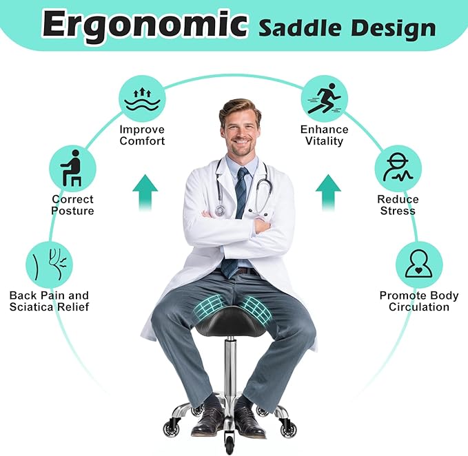Saddle Stool Chair with Wheels, Ergonomic Thicker Saddle Seat Design for Healthy Sitting Posture, PU Leather, Rolling Saddle Stool with Silent Rubber Wheels Adjustable for Salon Massage Home, Black