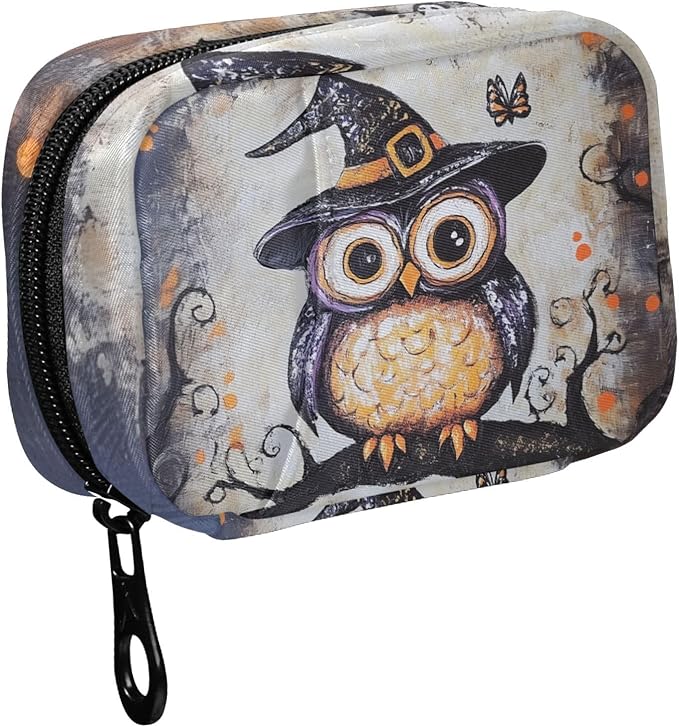Fustylead Halloween Funny Cute Owl on Branch Travel Pill Case Bag with Zipper Weekly Pill Box 8 Compartments 7 Day Personal Pill Case Purse Medicine Case Organizer