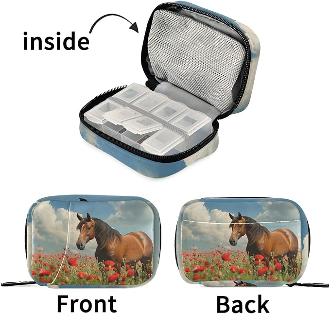 Fustylead Mane Horse Walking in Poppy Flower Field Pill Organizer Case with Zipper 2 Times A Day for Vitamin and Supplement, 7 Day Travel Organizer Medicine Case