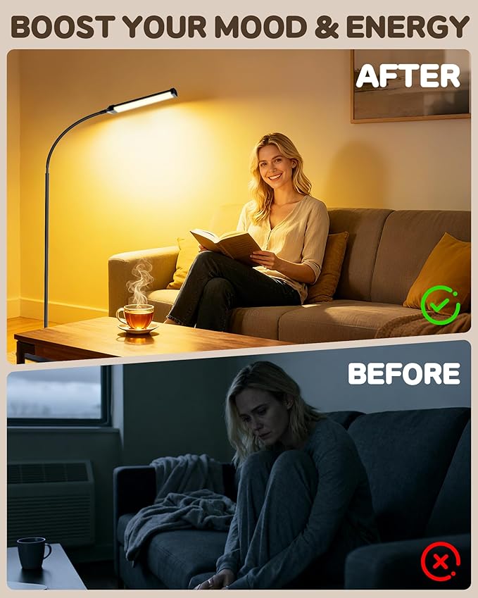 AearKing Light Therapy Lamp, 10000Lux UV-Free Sunlight Therapy Happy Lamp, Full Spectrum Light Therapy Floor Lamp with Adjustable Height & Brightness, 3 Color Temps, Therapy Lamp with Remote Control