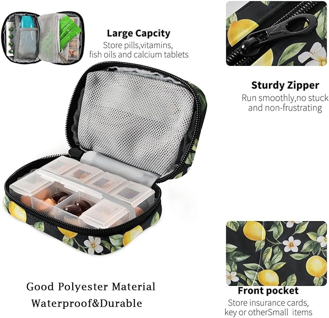 Fustylead Watercolor Lemon and Flower on Black Background Pill Organizer Case with Zipper 2 Times A Day for Vitamin and Supplement, 7 Day Travel Organizer Medicine Case