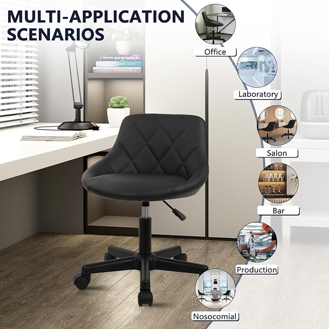 Low Back Small Rolling Stool with Backrest - 360° Swivel Chairs with Wheels, Adjustable Height Armless Vanity Chair, Thickened Seat Cushion Stool Chairs for Spa, Shop, Salon, Massage, Black, 4 Pack