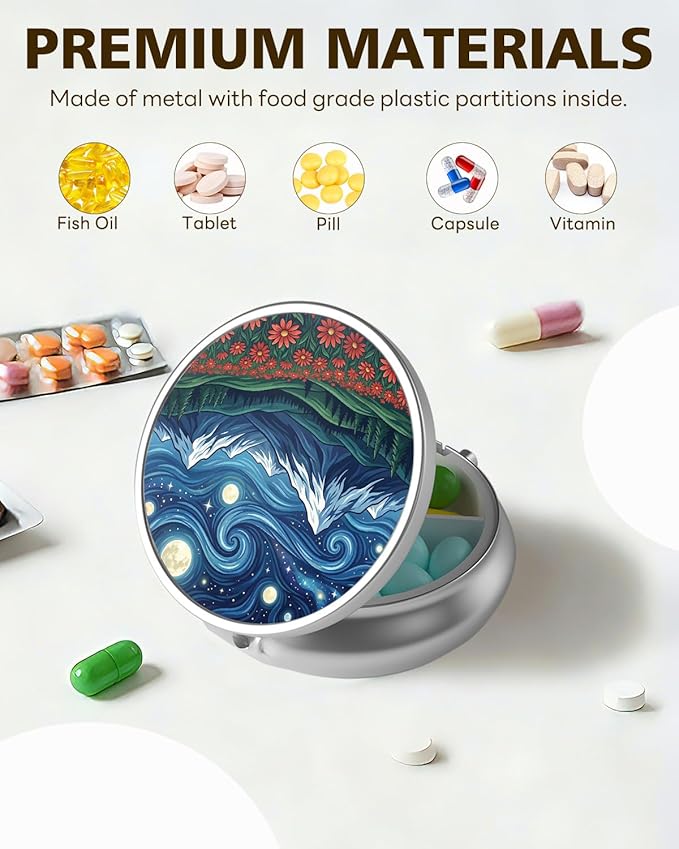 LRITER Pill Case, Portable Travel Pill Box, Pillbox Organizer, Cute Small Medicine Storage Container, Purse Accessories for Women, Men (Starry Sky)
