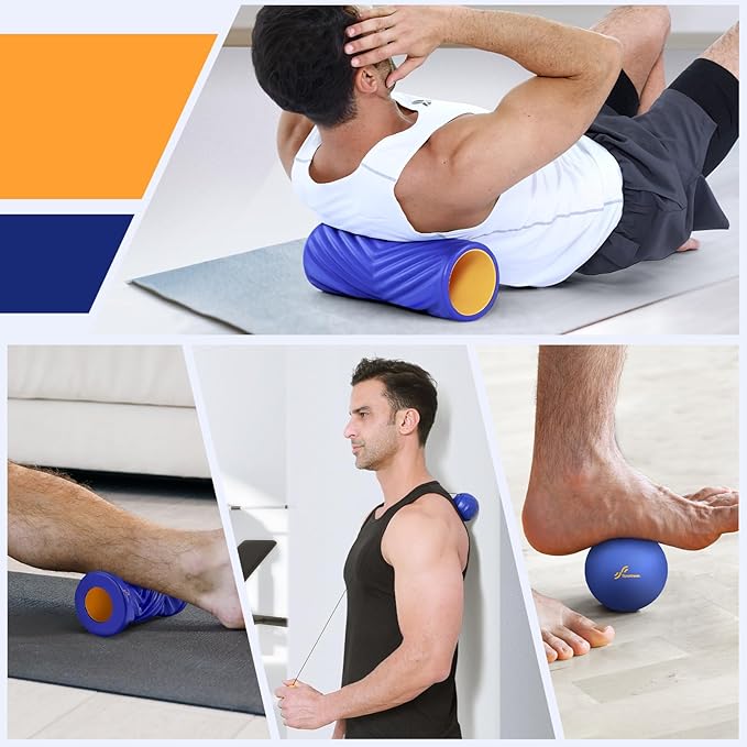 Sportneer 4 in 1 Foam Set, Muscle Relax Kit with 2 Textured Foam Pilates Rollers, Stringed Exercise Ball, Lacrosse Ball for Muscle Shoulder Back Leg Whole Body Relax Fitness Yoga