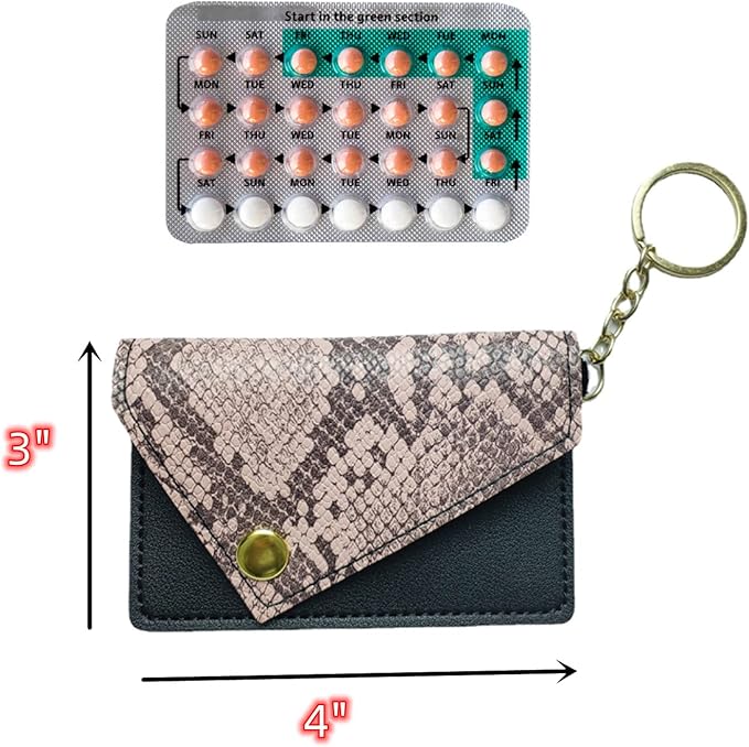 Birth Control Pill Case Snakeskin Print Keychain Envelope Shape (Red)