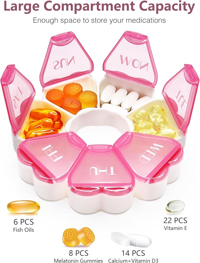 Cute Pill Organizer 7 Day, Color Blocking Weekly Pill Box, Daily Medicine Container with Large Compartments for Fish Oils/Vitamins/Medication/Supplements (Pink)