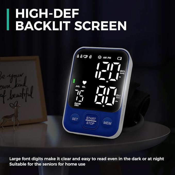 Blood Pressure Monitor Upper Arm Monitors for Home Use BP Machine with 2x120 Reading Memory Adjustable Arm Cuff 8.7"-15.7" Large Display with LED Background Light Storage Bag Navy