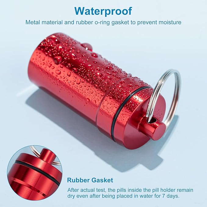 Keychain Pill Holder for Nitroglycerin, 2 Pack Mini Waterproof Portable Travel Purse Pocket Pill Case, Keychain Fob Container for 25ct Nitro/Nitroglycerin Bottle (2pcs-Red + Blue)