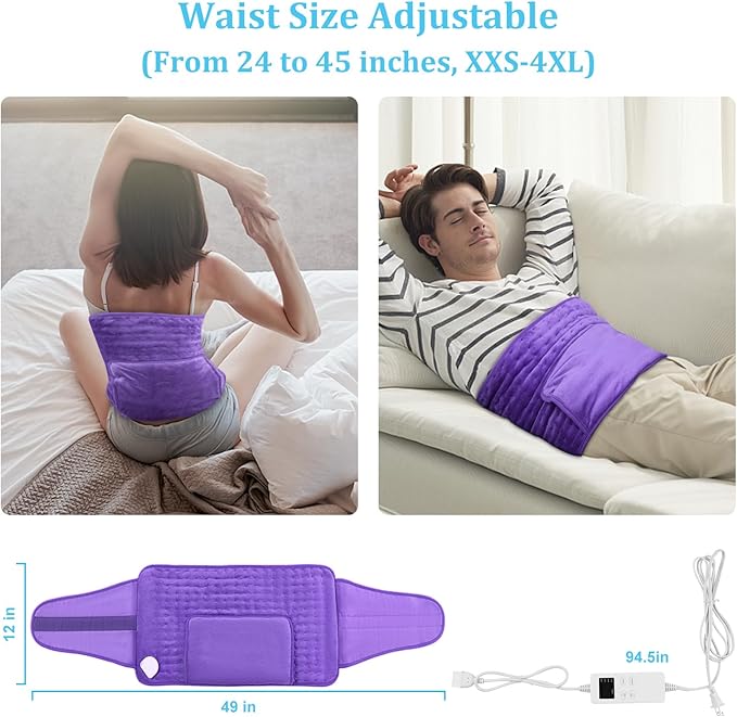 Heating Pad Back Pain Relief Electric Heating Pad for Period Cramps Lower Back Neck Shoulders Pain Relief 6-Hour Auto Off 12x24 Heated Pad + 20" Belt 4 Timer 6 Heat Level Wrap (Purple)