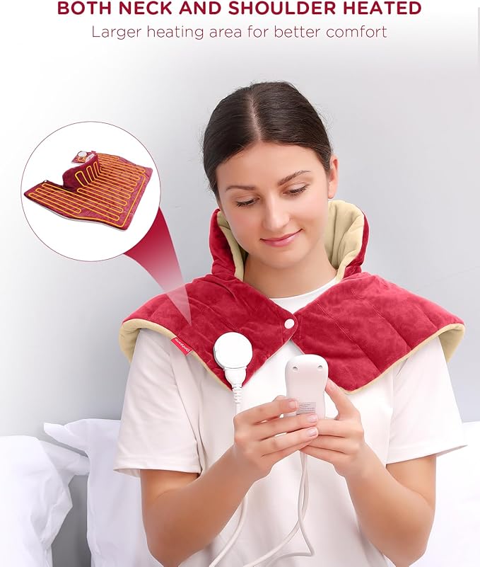 Heating Pad for Neck and Shoulders and Back, Comfytemp Weighted Electric Heat Pad for Warmth, 2.6lb Large Heated Wrap, 9 Heat Settings, 11 Auto-Off, Women Men Birthday Gifts Red