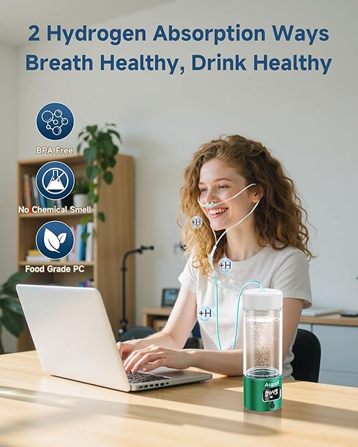 Hydrogen Water Bottle - Portable Rechargeable Water Bottle with LED Timer, Aluminum and Glass, 5000 PPB Hydrogen Production, Gift for Husband Wife Father Friend Client (Green, 11.6Oz)
