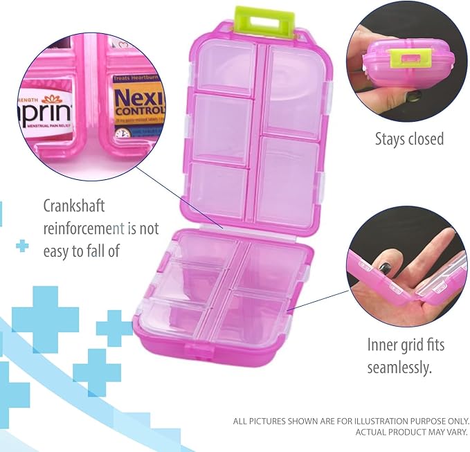 Deke Home - Portable Pill Organizer with 10 Compartments & Medication Label Stickers, Daily Pill Box for Travel, Vitamins, Supplements & Medicine Storage, Compact, Colorful, Easy to Identify (Pink)