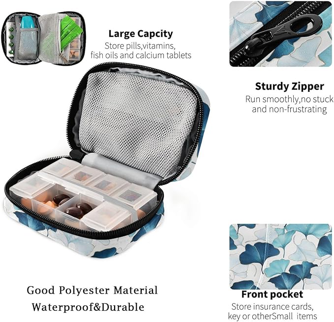 Fustylead Elegant Ink Ginkgo Leaves with Gold Line Pill Organizer for Purse, Weekly Portable Pill Box with Zipper to Storage Vitamins Fish Oils Medications Supplements