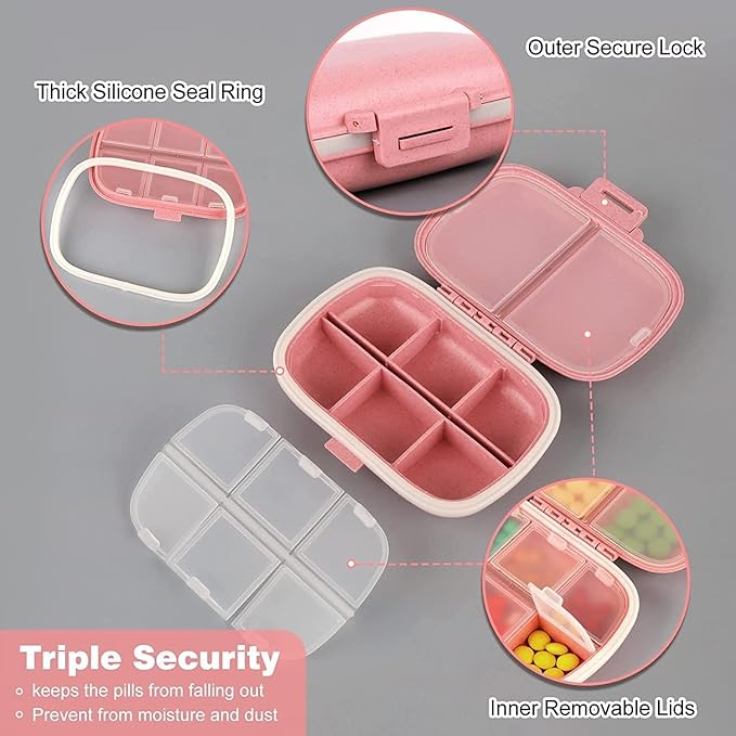 Daily Pill Organizer 1 Travel Portable Pill Case 8 Compartments Pill Box with Seal Ring Moisture Proof Small Medicine Vitamin Holder Container for Pocket Purse Waterproof Pill Supplement Case (Pink)