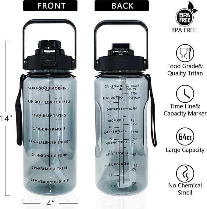 Goth Moon 64 oz Water Bottle with Sleeve - BPA-Free, Leakproof, Time Marker & Flip Top Lid - Motivational for Halloween Spooky Gifts for Women (Christmas, Birthday)
