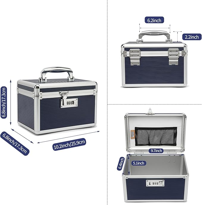 Combination Locking Medication Box with Portable Storage Case, 10.2 x 6.8 x 6.8 Inch, Childproof Medicine Lock Organizer, Lockable Box for Documents & Valuables (Blue/Small)