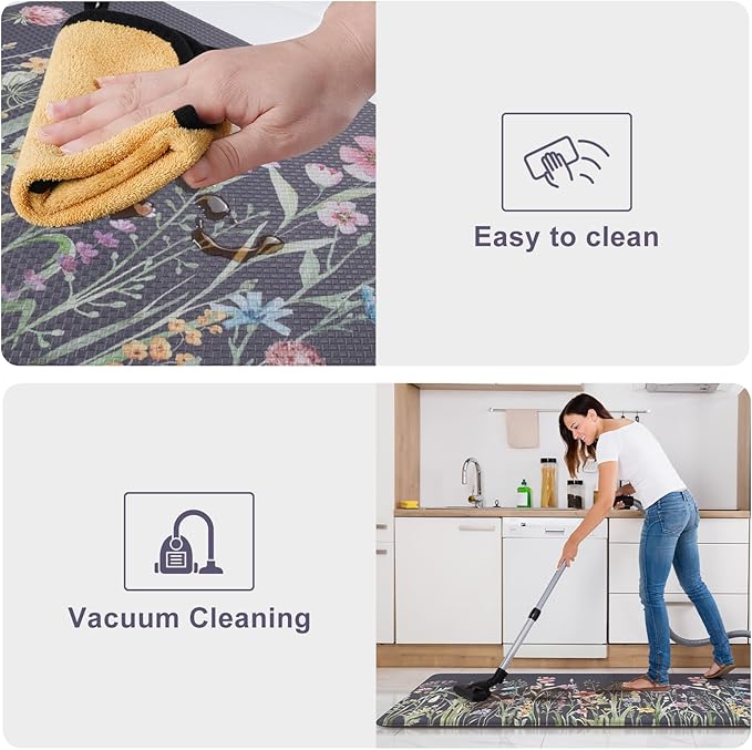 KIMODE Anti Fatigue Kitchen Mat for Floor, 17.3"x29" Farmhouse Kitchen Rug Non Skid, Cushioned Padded Kitchen Floor Mat, Comfort Standing Mat for Laundry, Office, Sink, Desk Dark Grey/Purple