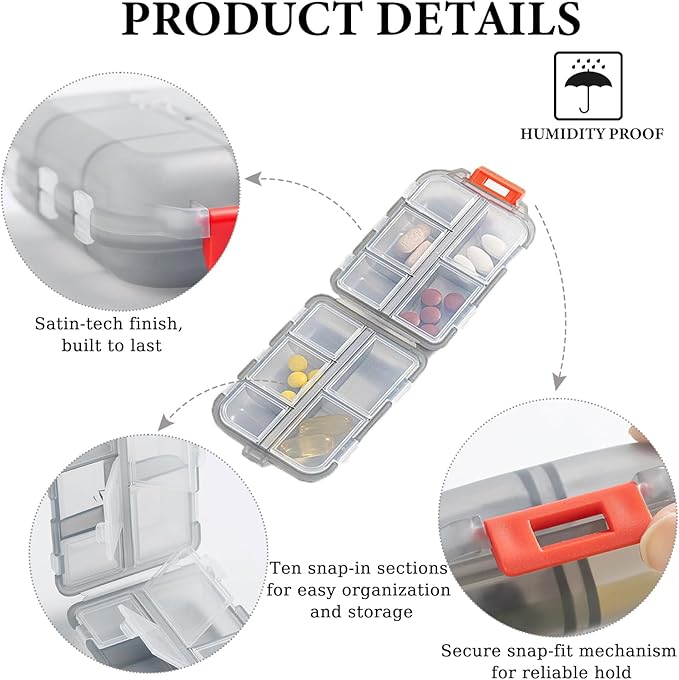 4Pack Travel Pill Organizer - 10 Compartments Pill Case with 64 Stickers, Pill Organizer 2 Times A Day, 20 Days Portable Compartments for Vitamins, Fish Oils, Supplements(Gray)