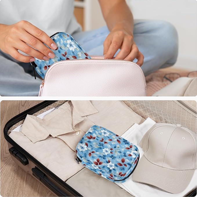 Flowers Leaves Blue Pill Case Everyday Travel, 7 Day Weekly Medicine Pill Box Compact Portable Pills Bottle Organizer with Zipper for Daily Vitamin Medicine Holder Bottle Organizers Bag