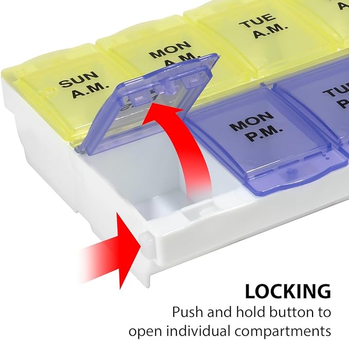 EZY DOSE (14-Day) AM/PM Pill Planner, Medicine Case, Vitamin Organizer Box, 2X-Large Locking Compartments to Secure Prescription Medication and Prevent Accidental Spilling, Color May Vary, BPA Free