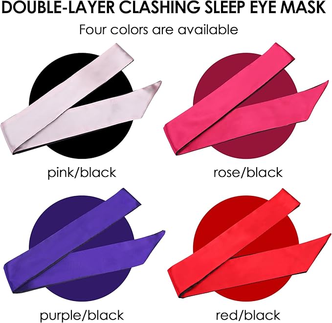 FRESHME 2pc Satin Blindfold Sleep Mask - Valentine's Day Gift Soft Adjustable Blockout Light Silk Eye Sleeping Mask for Couples Bedtime, Double Sides Dark Purple & Black+Black 2pc Set