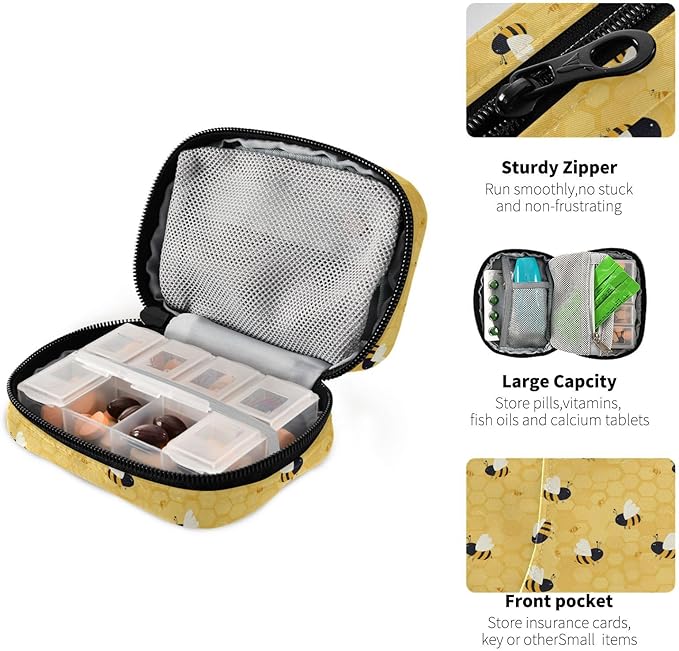 Yellow Bee Honeycomb Pill Organizer Case 7 Day Travel Pill Box with Zipper Portable Weekly Vitamin Medicine Supplement Holder Pouch Bag