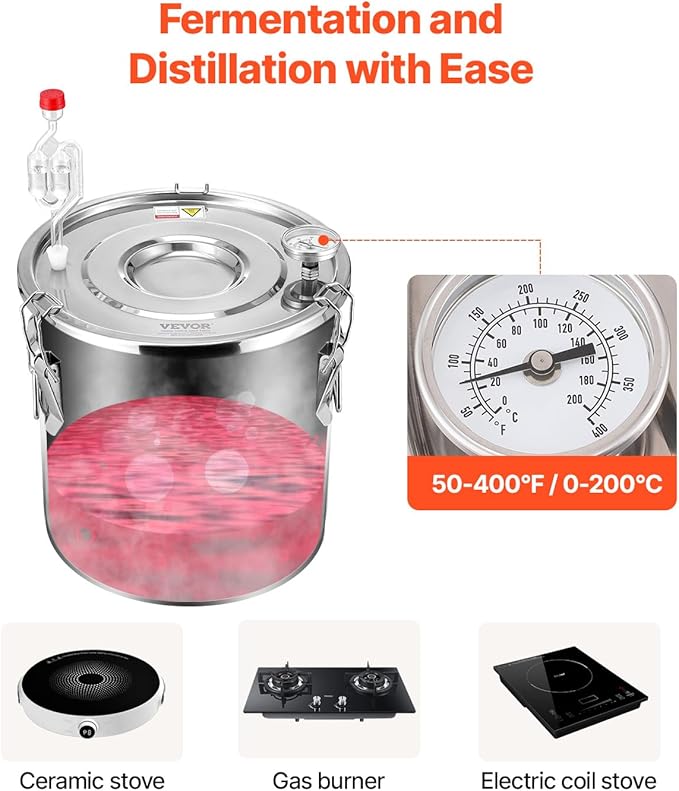 VEVOR Alcohol Still, 5Gal / 19L Alcohol Distiller with Thumper Keg, Distillery Kit for Alcohol with Copper Tube, Build-in Thermometer & Water Pump for Wine Whisky Brandy