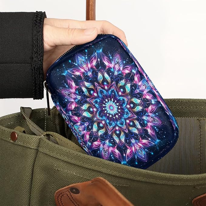 Mandala Purple Flower Travel Pill Organizer Box Weekly Portable Pill Case Daily Pills 7 Day Small Birth Control Pills Container Removable Compartments for Medicine Vitamins Fish Oil