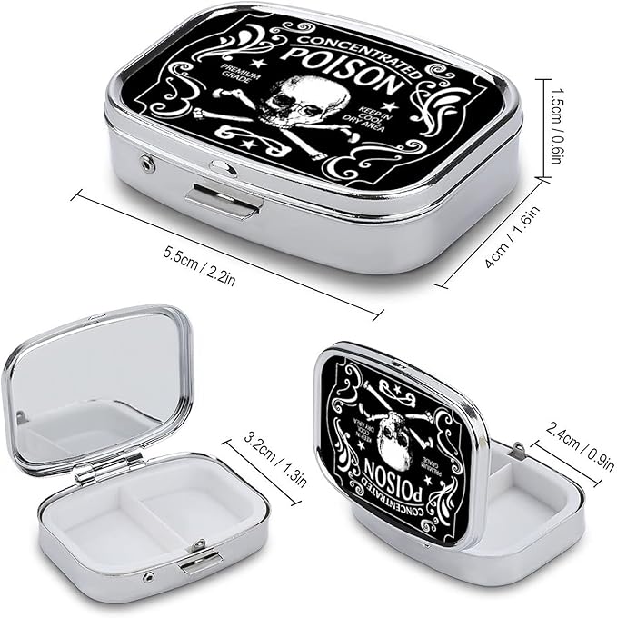 Metal 2 Compartment Pill Organizer Travel Friendly Portable Compact Pill Box Cute Pill Case to Hold Vitamins/Fish Oil/Supplements/Meds/Tablet for Purse/Pocket (Concentrated Poison) 1