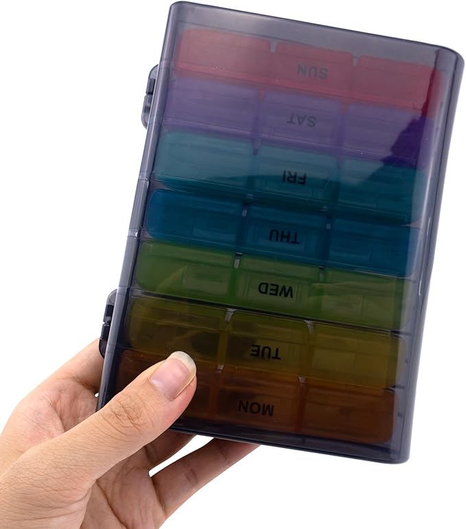 Quacc 1 PCS Weekly Pill Box Organizer 7 Day 3 Times Portable Travel Medicine Pill Organizer Tablet Box for Gel Capsules, Fish Oils, Vitamins, Supplements (Colorful)