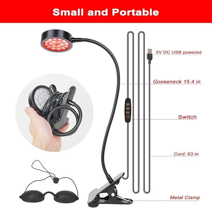 GREENIC Led Red Light Therapy Lamp, 660nm 850nm Small Portable USB Near Infrared Light Device at Home with Gooseneck and Clamp for Face, Body, Neck, Skin, Feet, Knee, Hands, Back, Shoulder, Legs