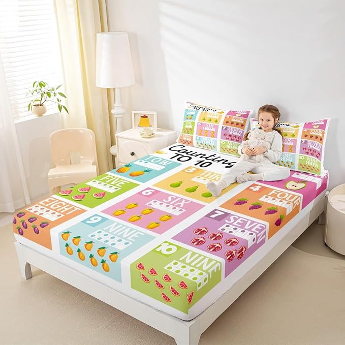 Feelyou Kids Numbers Bedding Set Twin Size, Educational Bed Sheet Set Boys Girls for Fruits Fitted Sheet Learning Teens Bedroom Decor with 1 Pillow Case (No Flat Sheet)