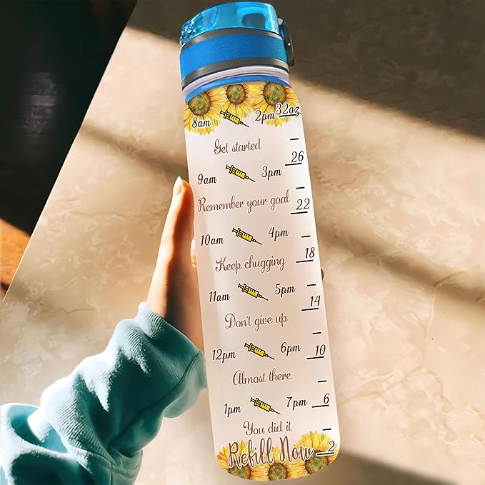 Hyturtle Personalized I Became A Nurse Sunflower 32oz Liter Motivational Water Bottle, Customized Name Tracking Water Bottle Funny Nurse, Gifts For Nurses, Women Coworkers On Birthday, Mother's Day,