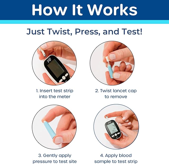 Pip Blood Glucose Monitor Kit with Preloaded Safety Lancets - Complete Diabetes Testing Kit for Blood Sugar Monitoring | No Lancing Device, Virtually Painless | 50 Test Strips, Lancets & Travel Case