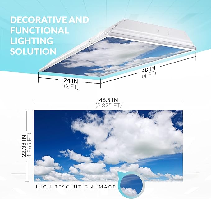OCTO LIGHTS Fluorescent Light Covers Cloud Sky Panel for Ceiling Lights, Light Covers for Ceiling Lights Classroom 2x4 (22.38"x46.5") Backlit Film Insert for Fluorescent Light Fixtures (Pack of 1)
