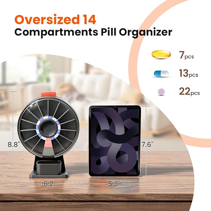 Odaro Large Pill Dispenser, Weekly Pill Organizer 7 Day Am Pm / 14 Day Pill Box, Daily Medicine Pill Organizer with Wall-Mounted or Standing Use for Vitamin, Supplement, Medicine - Gray