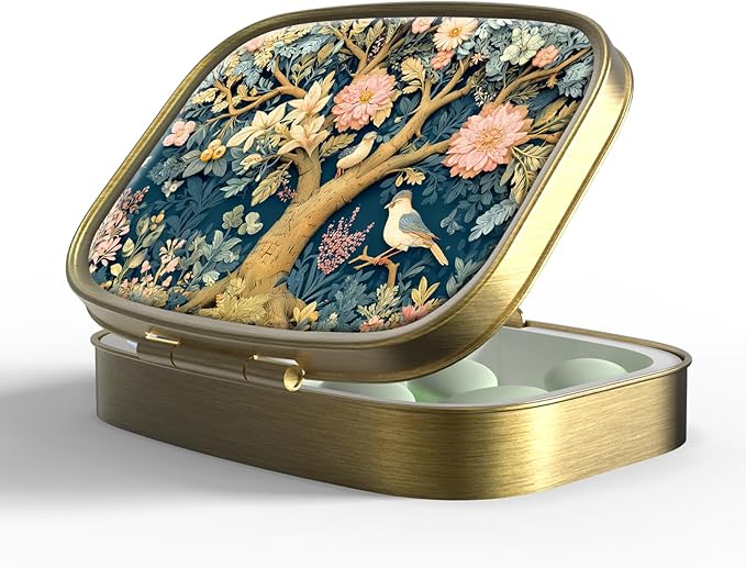 Small Pill Box Pill Case with Mirror Retro Pocket 2 Compartment Pill Holder for Purse or Pocket Bronze Portable Medicine Vitamin Container Fish Oil and Supplement Storage BPA-Free