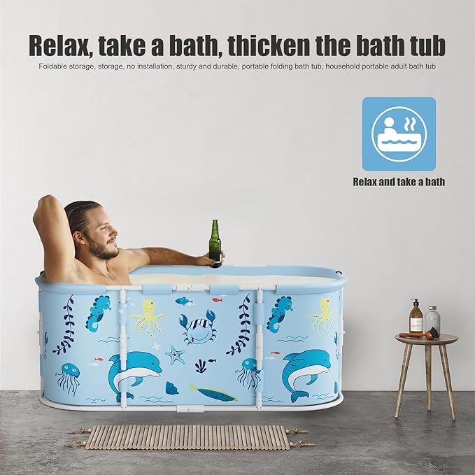 Portable Foldable Bathtub for Adult, 47" Folding Tub, Soaking Bathtub for Hot Bath and Ice Bath, Freestanding Surround Collapsible Bathtubs, Reinforced Bracket, Large Capacity (Light Blue)