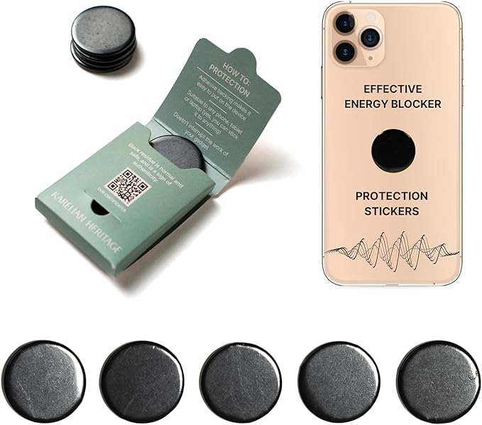 Effective Cell Phone Protection Stickers 5 pcs | Round Shungite Stickers for Gadget Protection Blocking | Polished Shungite Stone Plates | Carbon Chip Smart Guard Protector Shield S022