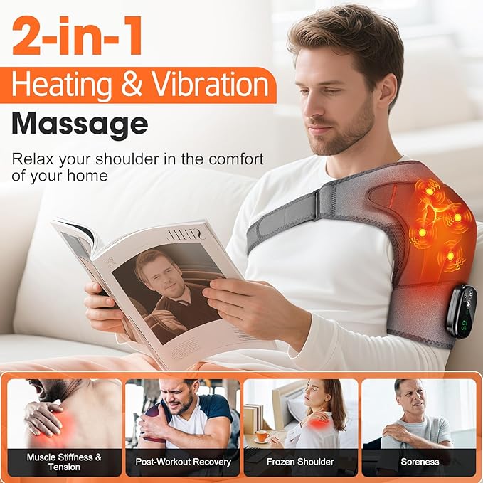 Shoulder Heating Pad with Massage, Cordless Heated Shoulder Brace Wrap Massager for Pain Relief Deep Tissue, Rotator Cuff Heating Pad, Gray