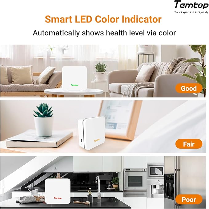 Temtop P1 Air Quality Monitor, PM2.5/PM10/Temperature/Humidity Sensor with Bluetooth App, AQI Tracking & Portable Design for Home, Office, Car, and Travel Use