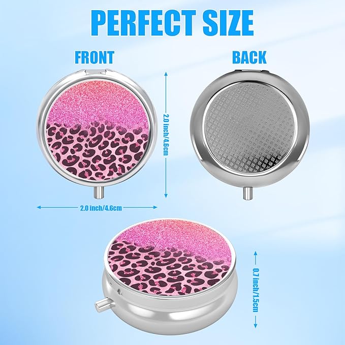 Pill Box, 3 Compartments Small Pill Case Travel Portable Metal Medicine Box with Mirror Mini Container for Purse Pocket Women Men(Pink Glitter)
