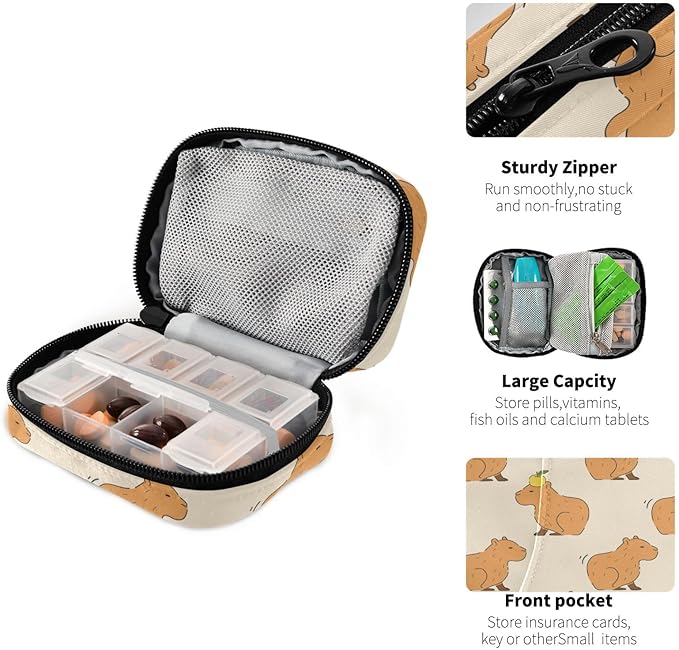 Pill Box Cute Capybara 7 Day Pill Case Travel Pill Organizer Bag with Zipper Portable Weekly Vitamin Medicine Supplement Holder Pouch Bag