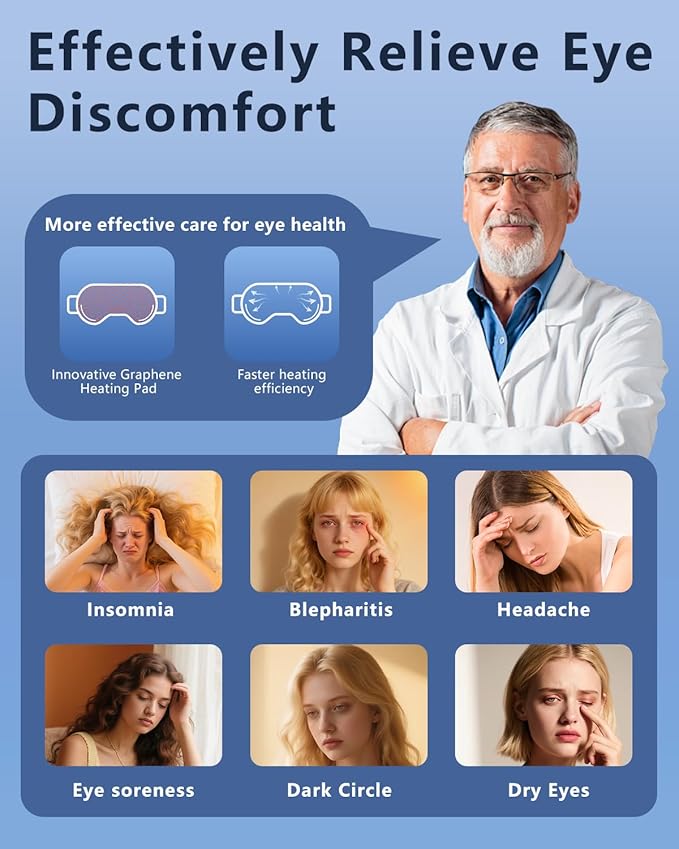 Heated Eye Mask for Dry Eyes, Rechargeable Warm Eye Compress with Adjustable Heat, Auto Shut-Off, Washable Cover Blue