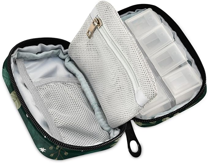 Holly Berries Pine Needles Stars Dark Green Travel Pill Organizer Case Box Container Weekly Portable Vitamin Medicine Holder Storage Bag with Zipper Removable