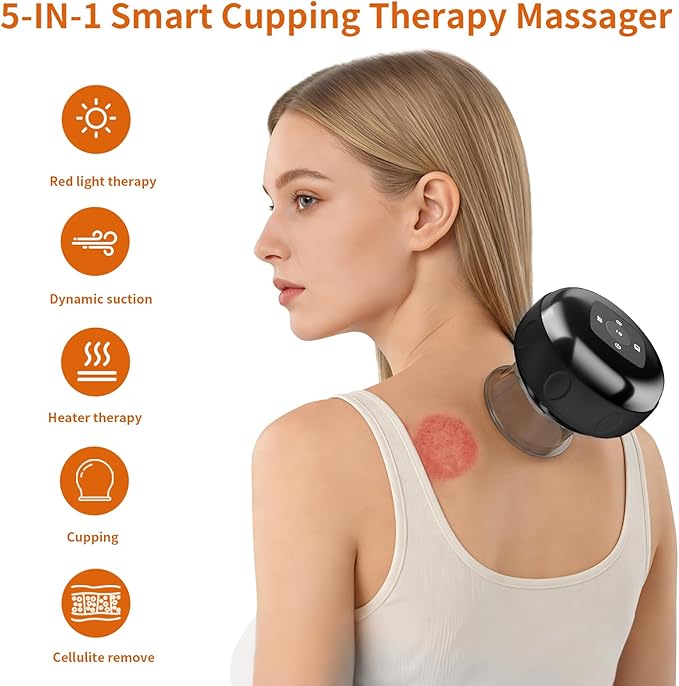 5-in-1 Smart Dynamic Cupping Therapy Massager Set, 12 Levels Heat & Suction Cupping Kit for Massage Therapy With Red Light Therapy for Targeted Pain Relief, Knots, Aches, Muscle Soreness(Black)