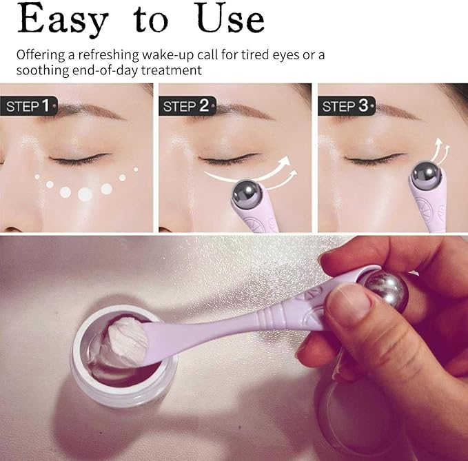 Mini Ice Roller, 2-in-1 Stainless Steel Facial Massage Tool with Cream Spoon, Light Purple, for Face and Eyes, Dark Circles and Puffiness Relief