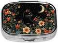 ABLESKY Pill Box, 2 Compartment Pill Organizer Case for Pocket or Purse, Small Portable Metal Travel Medicine Box with Mirror, Daily Vitamins Fish Oil Container-Cat and Moon Forest Floral